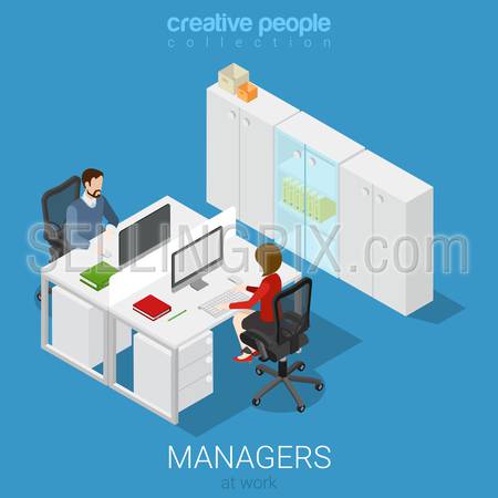 Office open space room workplaces flat 3d isometry isometric concept web infographics vector illustration. Interior block table two workers divider. Creative people collection.