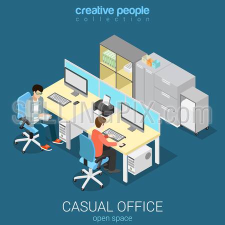 Office open space room workplaces flat 3d isometry isometric concept web infographics vector illustration. Interior block table two workers. Creative people collection.
