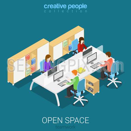Office open space room workplaces flat 3d isometry isometric concept web infographics vector illustration. Interior block table four workers cupboard library. Creative people collection.