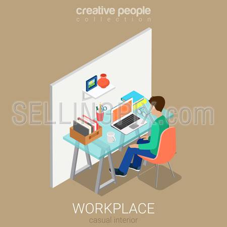 Accountant bookkeeper home casual modern workplace flat 3d isometry isometric concept web infographics vector illustration. Interior block table young worker computer. Creative people collection.