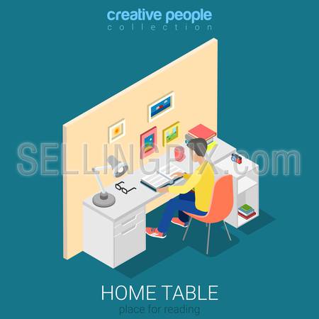 Home casual modern workplace flat 3d isometry isometric concept web infographics vector illustration. Interior block table young man reading book. Creative people collection.