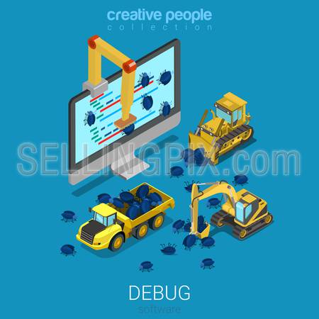 Debug software technology development programming code flat 3d isometry isometric concept web infographics vector illustration. Micro engineering building machinery debugging debugs huge bug to PC. Process technology.