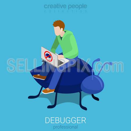 Debugger profession programmer code analytic debug process flat 3d isometry isometric concept web infographics vector illustration. Young man laptop sit on huge bug. Creative people collection.