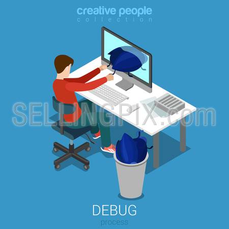 Debug process developer programmer code analytic flat 3d isometry isometric concept web infographics vector illustration. Young man pull huge bug from computer monitor. Creative people collection.