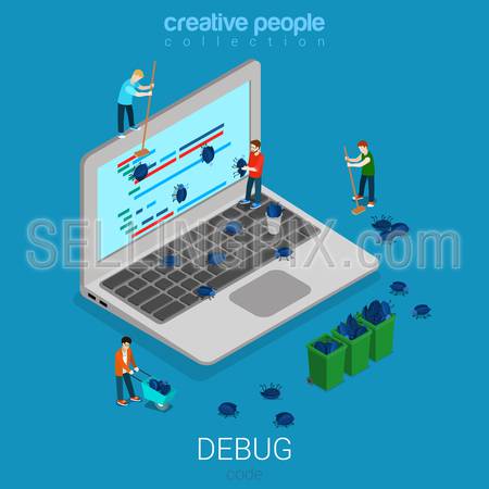 Debug software technology development programming code flat 3d isometry isometric concept web infographics vector illustration. Micro people building debugging debugs huge bug to PC. Creative people collection.