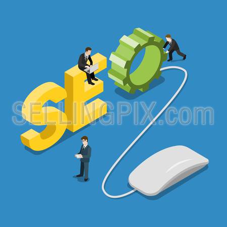 SEO word mouse and content manager people on it flat 3d isometry isometric concept web infographics vector illustration. Search Engine Optimization Process. Creative people collection.