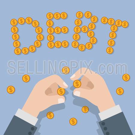 Debt financial banking business flat 3d isometry isometric concept web infographics vector illustration. Hands making DEBT work with coins. Creative people collection.