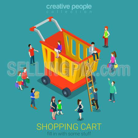 Shopping cart flat 3d isometry isometric e-commerce business concept web infographics vector illustration. Micro people and huge wheeled empty cart. Creative people collection.