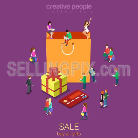 Sale shopping bag flat 3d isometry isometric e-commerce Black Friday consumerism concept web infographics vector illustration. Creative people collection.