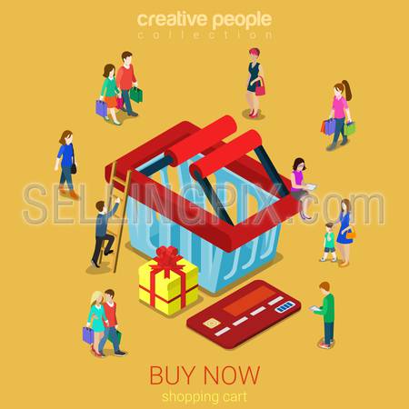 Shopping cart flat 3d isometry isometric e-commerce business concept web infographics vector illustration. Micro people gift box credit card and huge empty cart. Creative people collection.