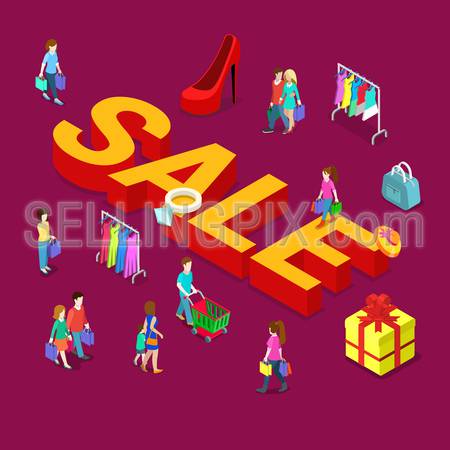 Sale word flat 3d isometry isometric business e-commerce template Black Friday concept web infographics vector illustration. Creative people collection.