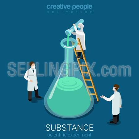 Science experiment new substance discovery flat 3d isometry isometric chemical concept web infographics vector illustration. Micro lab workers pouring huge flask. Creative people collection.