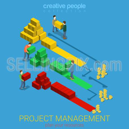 Project management Gantt diagram flat 3d isometry isometric business concept web infographics vector illustration. Human staff time resource and money wage fee. Creative people collection.