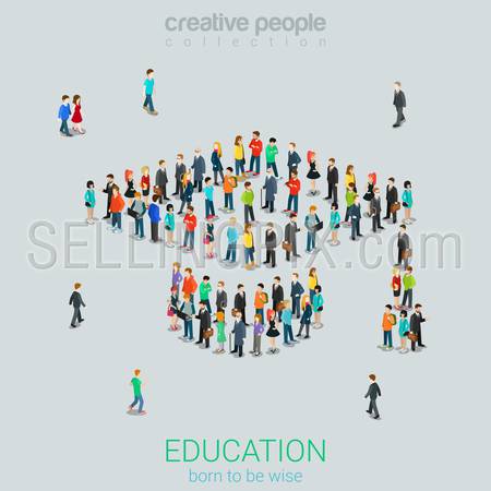 Mass education flat 3d isometry isometric concept web infographics vector illustration. Crowd of micro people forming graduate cap sign. Creative people collection.