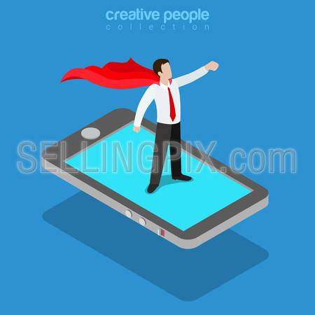Mobile superhero flat 3d isometry isometric concept web infographics vector illustration. Businessman wear super hero cape posing on big smart phone. Creative people collection.