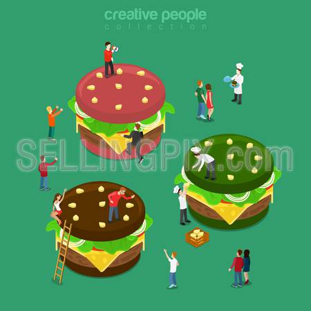 Color burgers flat 3d isometry isometric concept web infographics vector illustration. Micro cook prepare big green red brown burger. Restaurant cafe bistro eatery service. Creative people collection.