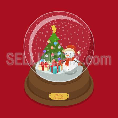 Crystal ball Merry Christmas flat 3d isometry isometric web vector illustration. Snow decorated fir tree snowman presents gift boxes. Winter holiday post card banner template.