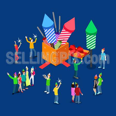 Fireworks holiday party flat 3d isometry isometric concept web infographics vector illustration. Micro people and open box full of rocket petard flapper. Creative people collection.