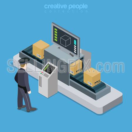 Airport transport security x-ray scan tape flat 3d isometry isometric concept web infographics vector illustration. Officer computer monitoring baggage. Creative people collection.