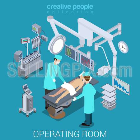 Hospital operating room process flat 3d isometry isometric concept web vector illustration. Two doctors patient operational table professional tool equipment. Creative people collection.