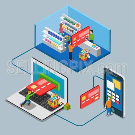 Flat 3d isometry isometric payment type concept web infographics vector illustration. Micro casual man pay big credit card supermarket laptop mobile online. Creative people collection.