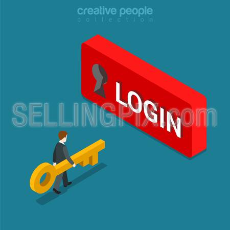 Login Sign in button flat 3d isometry isometric concept web vector illustration. Keyhole on wall and man walking towards with big key. Creative people collection.