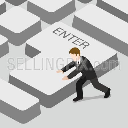 Enter key press flat 3d isometry isometric concept web vector illustration. Businessman push return button on big keyboard. Creative people collection.