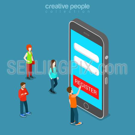Mobile registration app flat 3d isometry isometric concept web vector illustration. Login password personal data form GUI on smart phone screen and micro man press register. Creative people collection