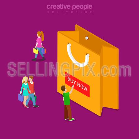 Buy now Add to Cart button flat 3d isometry isometric online store sale concept web vector illustration. Micro man press button on empty shopping bag. Creative people collection.