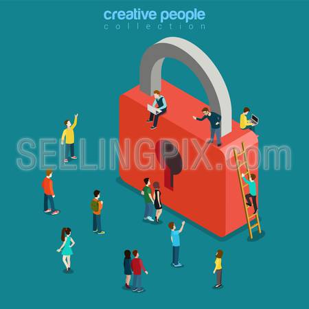 Locked lock and micro young people flat 3d isometry isometric personal data security concept web vector illustration. Creative technology people collection.