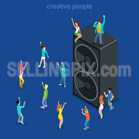 Party time music show flat 3d isometry isometric concept web vector illustration. Micro joyful dancing having fun young male female and huge speaker. Creative people collection.
