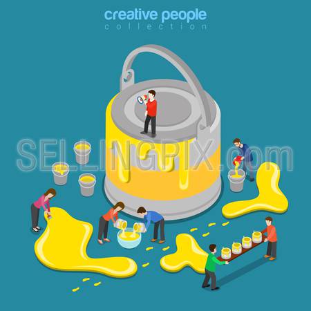 Paint renovation process flat 3d isometry isometric interface color scheme theme change concept web vector illustration. Micro people and huge can of yellow paint. Creative people collection.