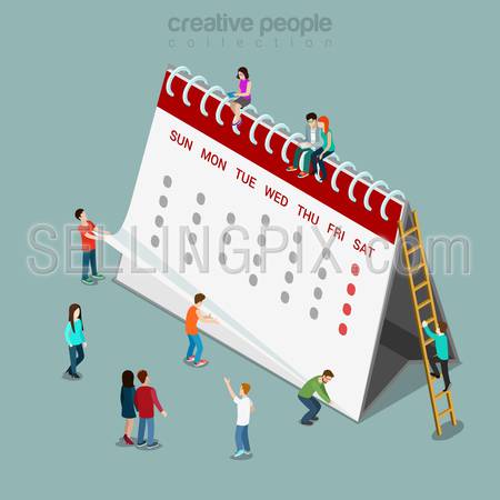 Calendar schedule flat 3d isometry isometric concept web infographics vector illustration. Micro casual people and big paper abstract month calendar sheets on spring. Creative people collection.