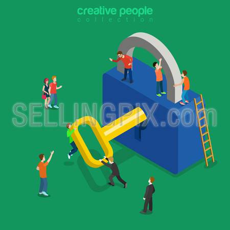 Unlocking lock process flat 3d isometry isometric personal data security decryption login log in entrance concept web vector illustration. Creative technology people collection.