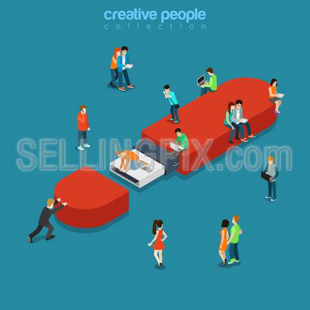 USB flash drive flat 3d isometry isometric data storage device concept web vector illustration. Creative technology people collection.