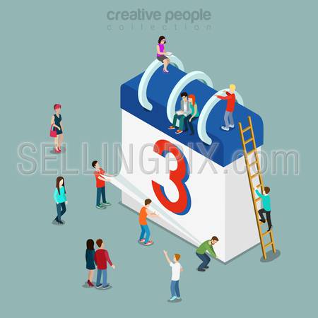 Calendar schedule flat 3d isometry isometric concept web infographics vector illustration. Micro casual people and big paper abstract daily loose-leaf calendar sheets on spring. Creative people collection.