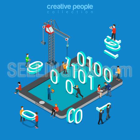 Binary data zero one flat 3d isometry isometric abstract concept web vector illustration. Low level assembler driver code programming. People standing 0 and 1 on tablet. Creative mobile app collection