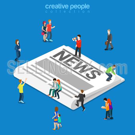 News flat 3d isometry isometric newspaper concept web infographics vector illustration. Micro people on huge classic paper newspaper. Creative people collection.