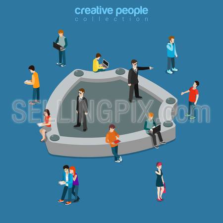Data security shield flat 3d isometry isometric concept web infographics vector illustration. Two security guards guarding shield shape pedestal. Creative technology people collection.