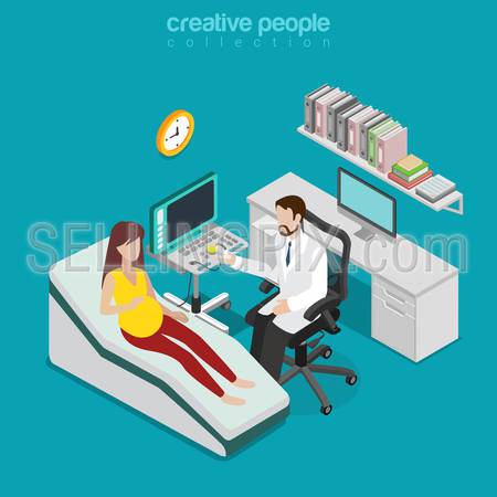 Ultrasonography pregnant woman medical diagnostics checkup flat 3d isometry isometric concept web vector illustration. Doctor room interior US ultrasonic ultrasound diag. Creative people collection.