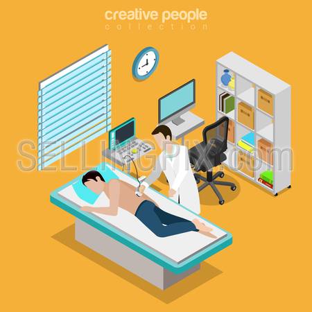 Ultrasonography male medical diagnostics internal organs checkup flat 3d isometry isometric healthcare web concept. Doctor room interior US ultrasonic ultrasound diag. Creative people collection.