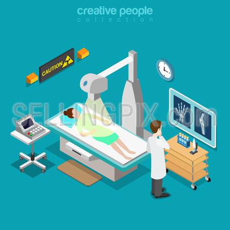 X-ray female medical diagnostics bones skeleton checkup flat 3d isometry isometric healthcare web concept. Doctor room interior xray diag. Creative people collection.