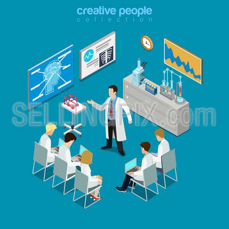 Concilium professional doctor group consultation flat 3d isometry isometric concept web vector illustration. Hospital meeting room session stands laboratory equipment. Creative people collection.