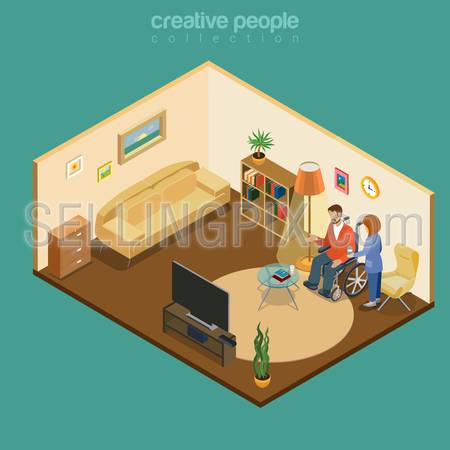 Disabled handicapped cripple invalid home wheelchair health care flat 3d isometry isometric concept web vector illustration. Living room watch TV family medical cure nurse. Creative people collection.