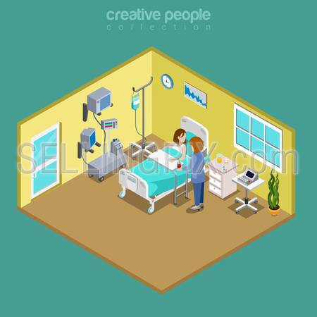 Hospital ward patient bed nurse care visiting flat 3d isometry isometric medical concept web vector illustration. Young sick female nursing checkup. Creative people collection
