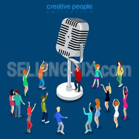 Vocal music show concert flat 3d isometry isometric concept web vector illustration. Micro joyful dancing having fun young male female and huge classic microphone. Creative people collection.
