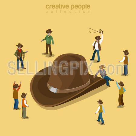 Country cowboy style flat 3d isometry isometric concept web vector illustration. Stylish male wearing high-crowned wide-brimmed felt straw stetson attire. Creative people collection.