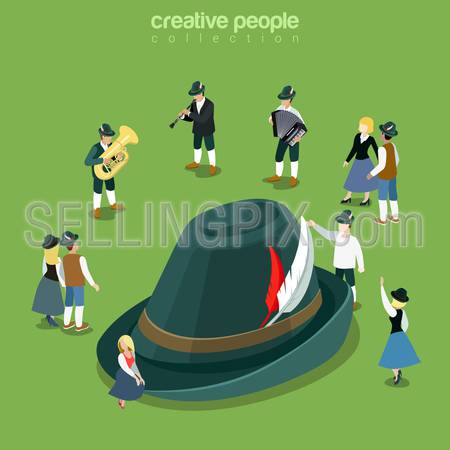 Tyrolean Alpine Bavarian hat traditional classic style headwear flat 3d isometry isometric concept web vector illustration. Stylish male wearing cappello alpino attire. Creative people collection.