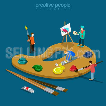 Artist palette flat 3d isometry isometric art concept web vector illustration. Huge color palette and painter painting picture on easel. Creative people collection.