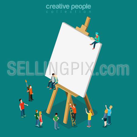 Easel and painter flat 3d isometry isometric art concept web vector illustration. Micro people and huge empty easel stand. Creative people collection.